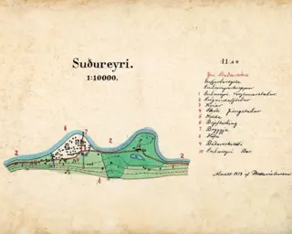 Hand-coloured plan of a settlement beside water, with a numbered key at the side of the sheet.