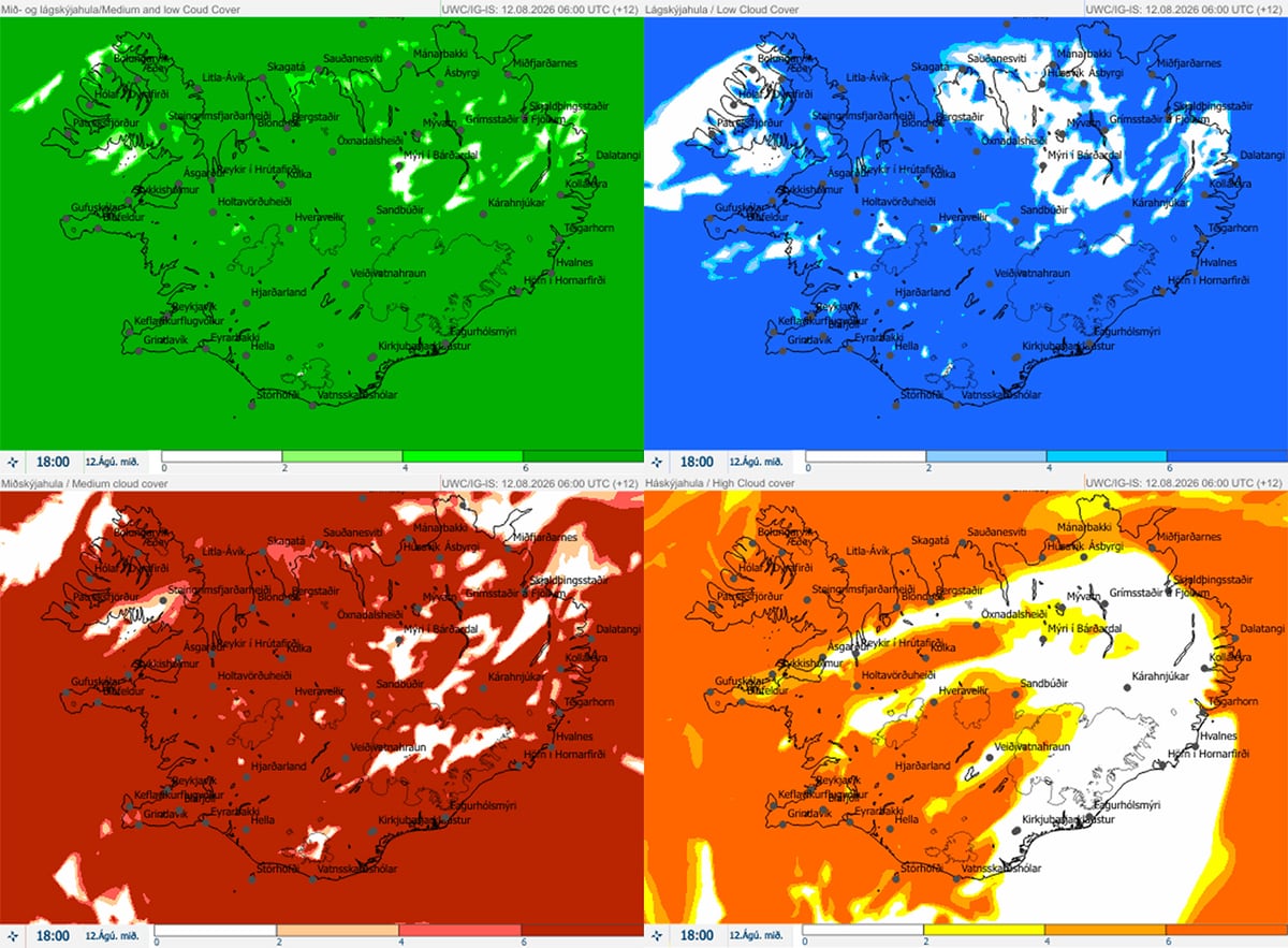 Four maps of Iceland showing forecast cloud cover at 18:00 on 12 August: combined (medium and low), low, medium and high, in green, blue, red and orange colour coding.