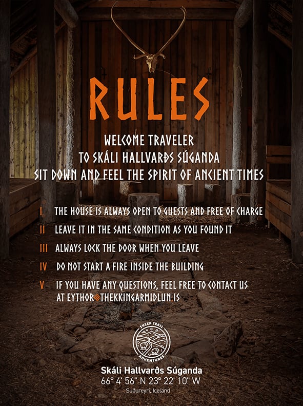 The visiting rules board, in English: five points, with the Sheep Trail Adventures logo and the site coordinates below